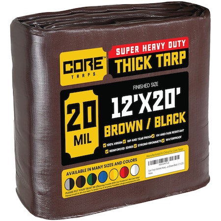 Core Tarps Heavy Duty Tarp, 20 ft L x 0.5 mm H x 12 ft W, 20 Mil, Brown/Black, Polyethylene CT-702-12X20